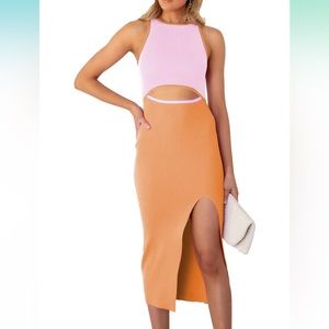 Pink Queen Women's Cutout Crew Neck Sleeveless Tank Slit Ribbed Bodycon Midi Dre